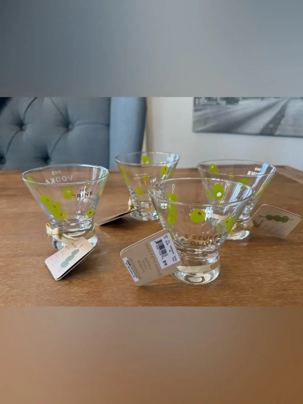 RARE Saks Fifth Ave Martini Glass Set Olive Print 4pc NWT